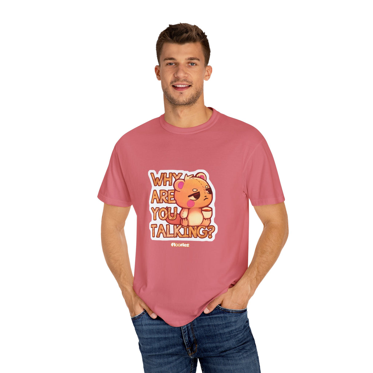 "Why Are You Talking?" Illustrated Grumpy Bear Unisex T-Shirt - Floofles by Brandon Ellis