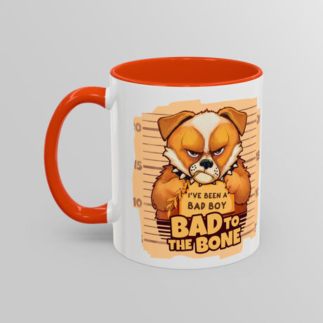 “Bad To The Bone” Grumpy Bulldog Orange Accent Mug – Floofles by Brandon Ellis