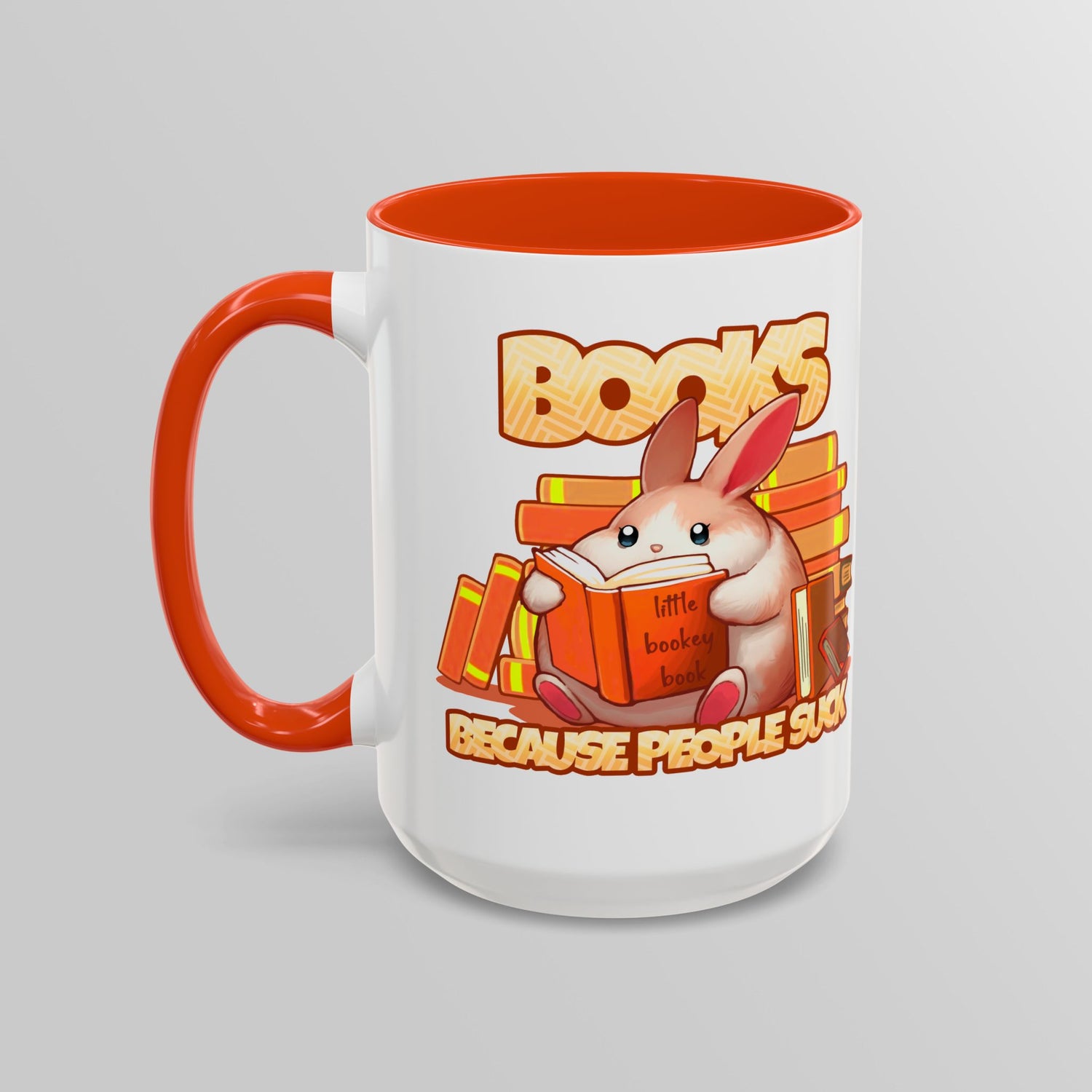 “Books, Because People Suck” Bunny Orange Accent Mug – Floofles by Brandon Ellis