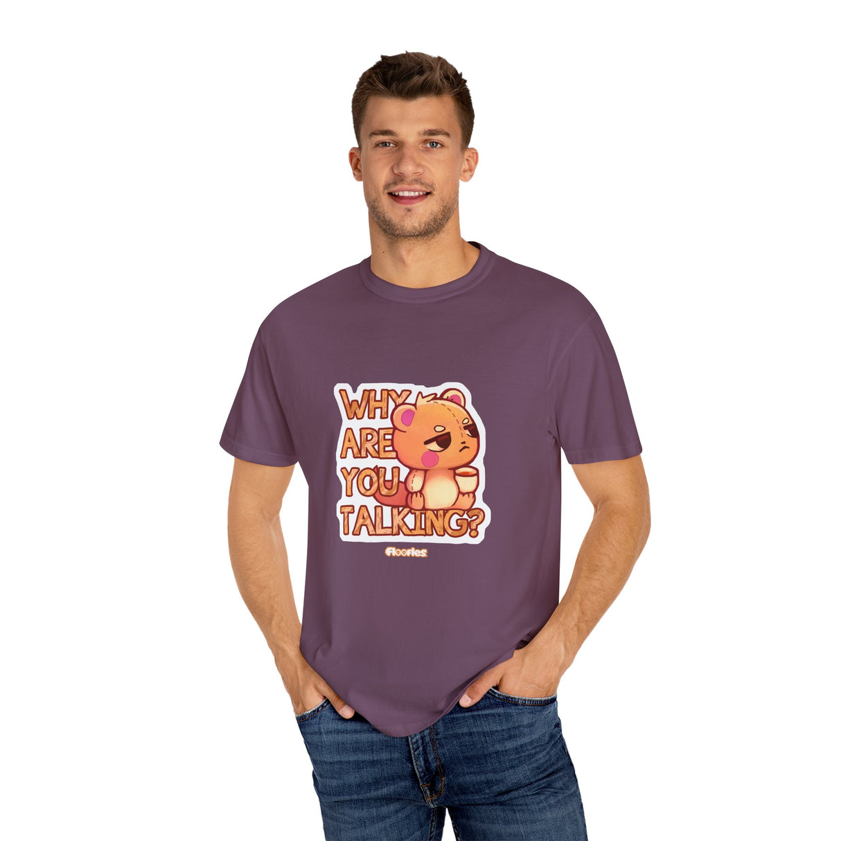 "Why Are You Talking?" Illustrated Grumpy Bear Unisex T-Shirt - Floofles by Brandon Ellis