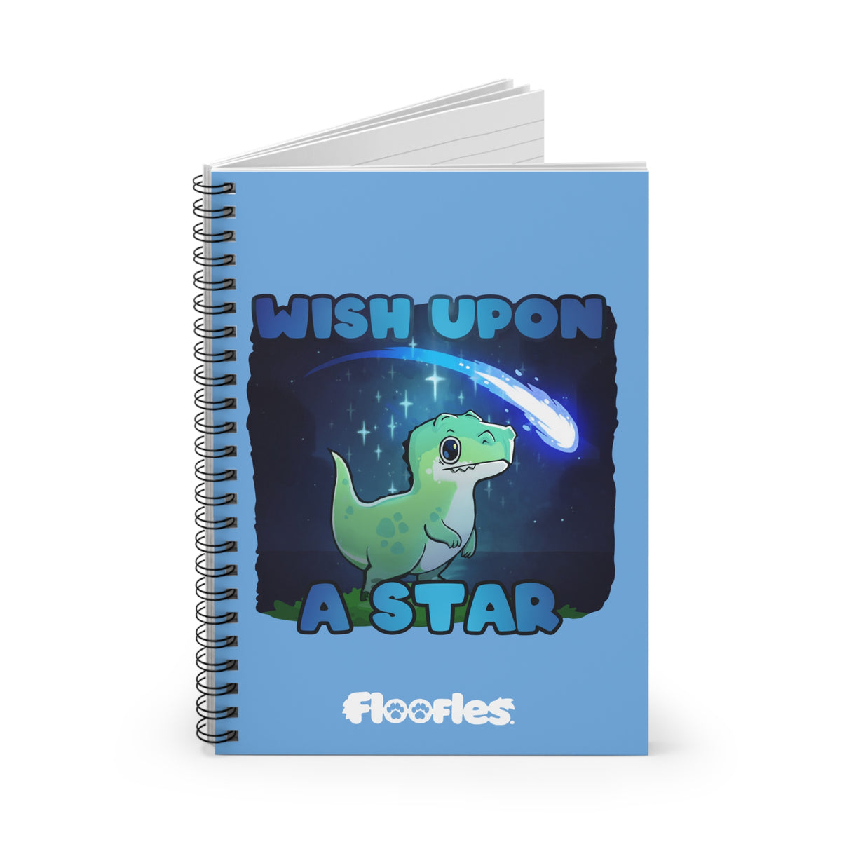 "Wish Upon A Star" Cute Dinosaur Blue Lined Spiral Notebook - Floofles by Brandon Ellis