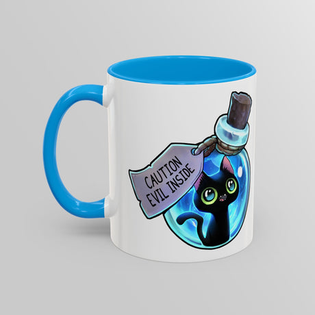 “Evil Inside” Mischievous Cat Blue Accent Mug – Floofles by Brandon Ellis
