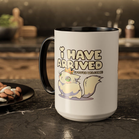 “I Have Arrived” Majestic Cat Black Accent Mug – Floofles by Brandon Ellis
