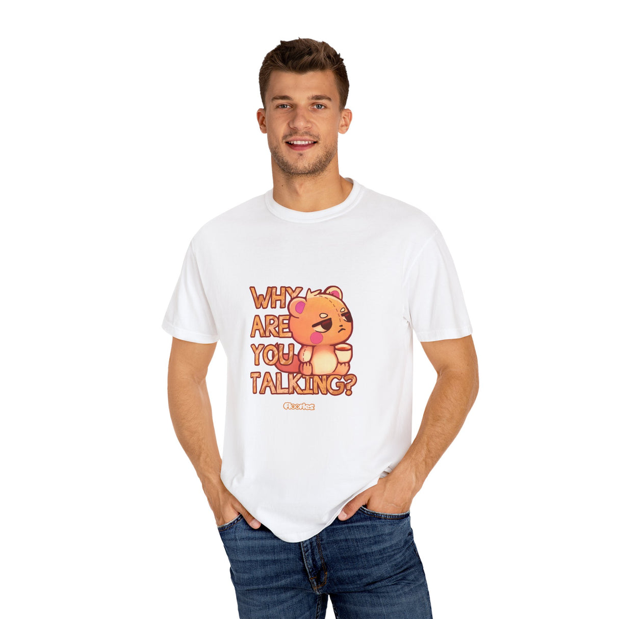 "Why Are You Talking?" Illustrated Grumpy Bear Unisex T-Shirt - Floofles by Brandon Ellis