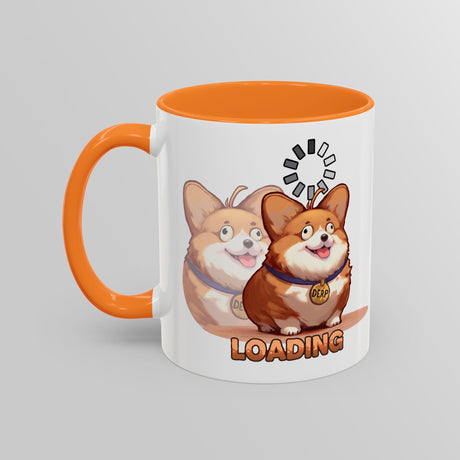 “Loading” Ditzy Corgi Orange Accent Mug – Floofles by Brandon Ellis