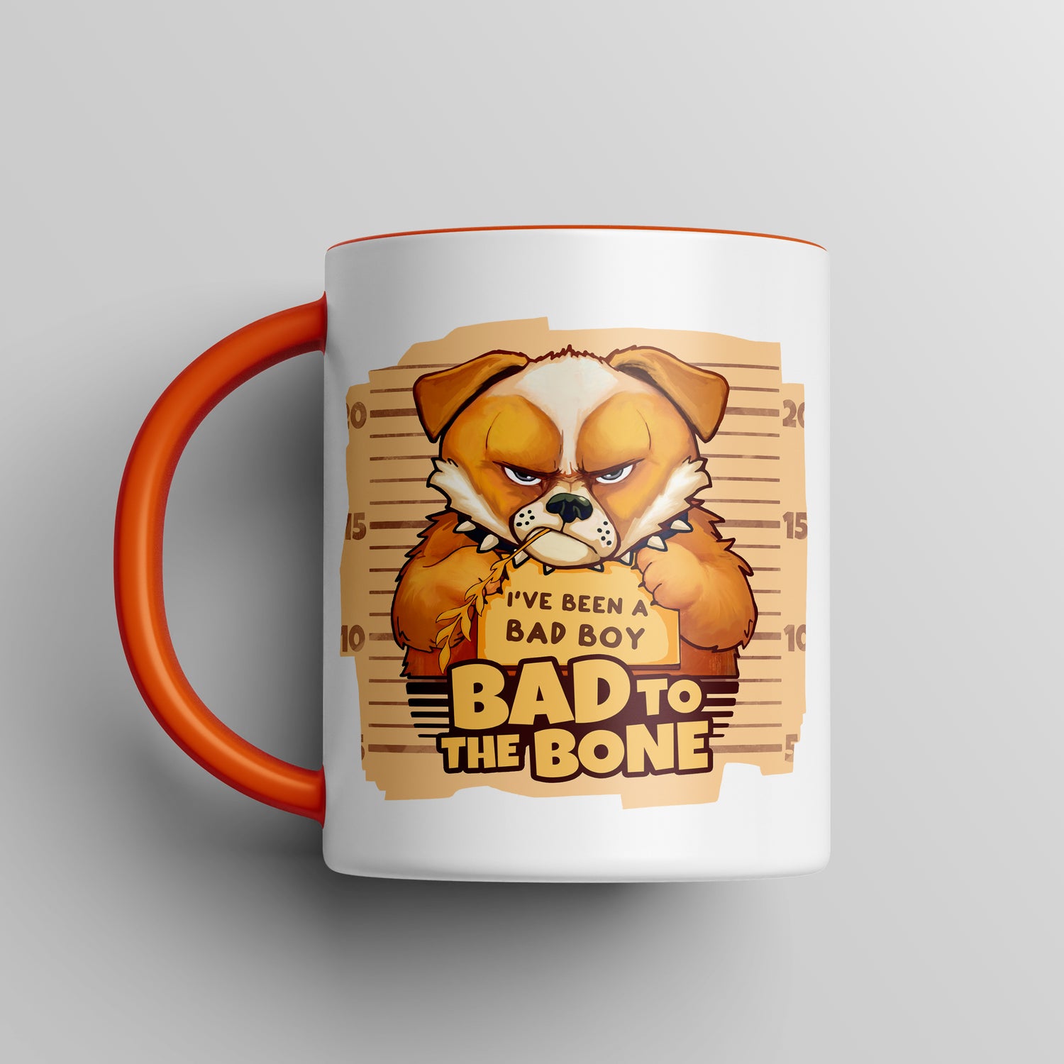 “Bad To The Bone” Grumpy Bulldog Orange Accent Mug – Floofles by Brandon Ellis