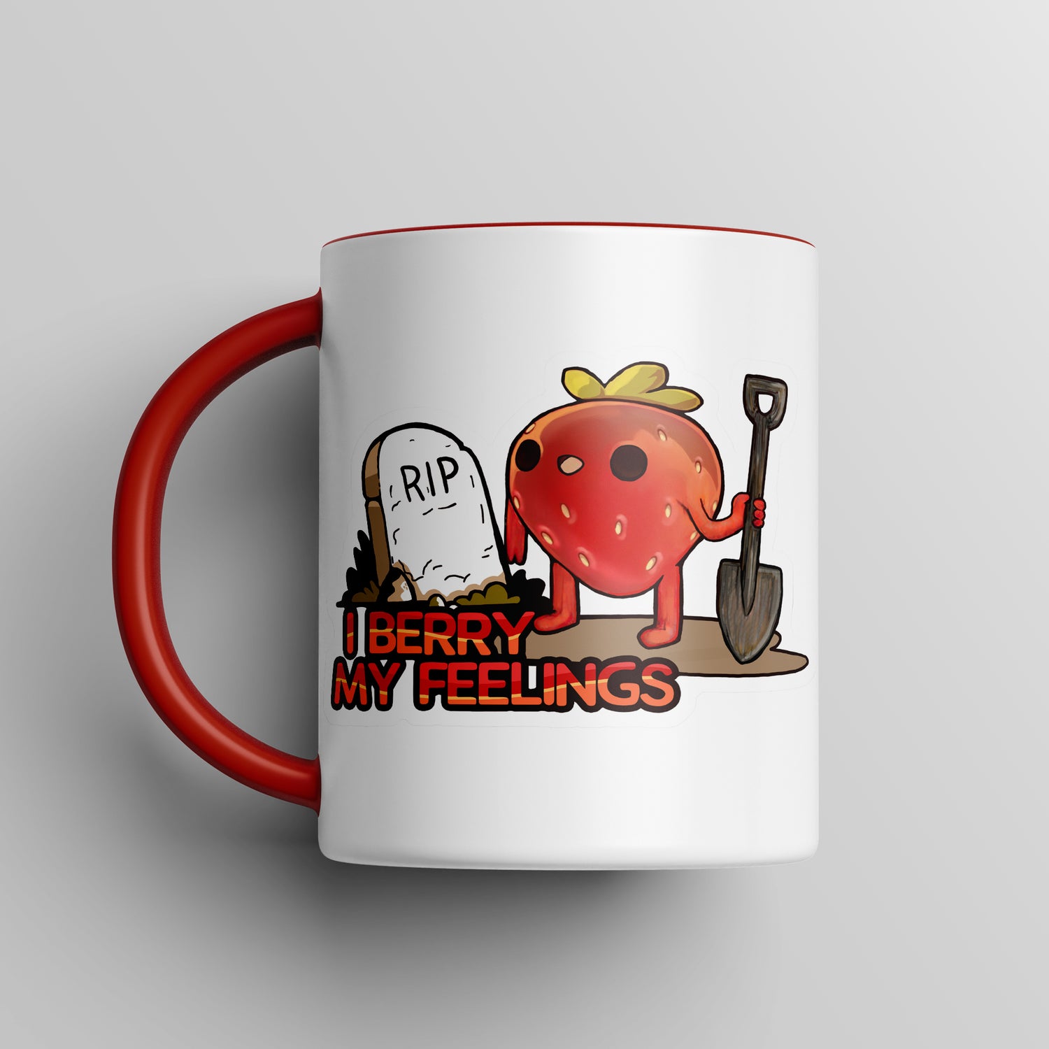 “I Berry My Feelings” Shady Strawberry Red Accent Mug – Floofles by Brandon Ellis