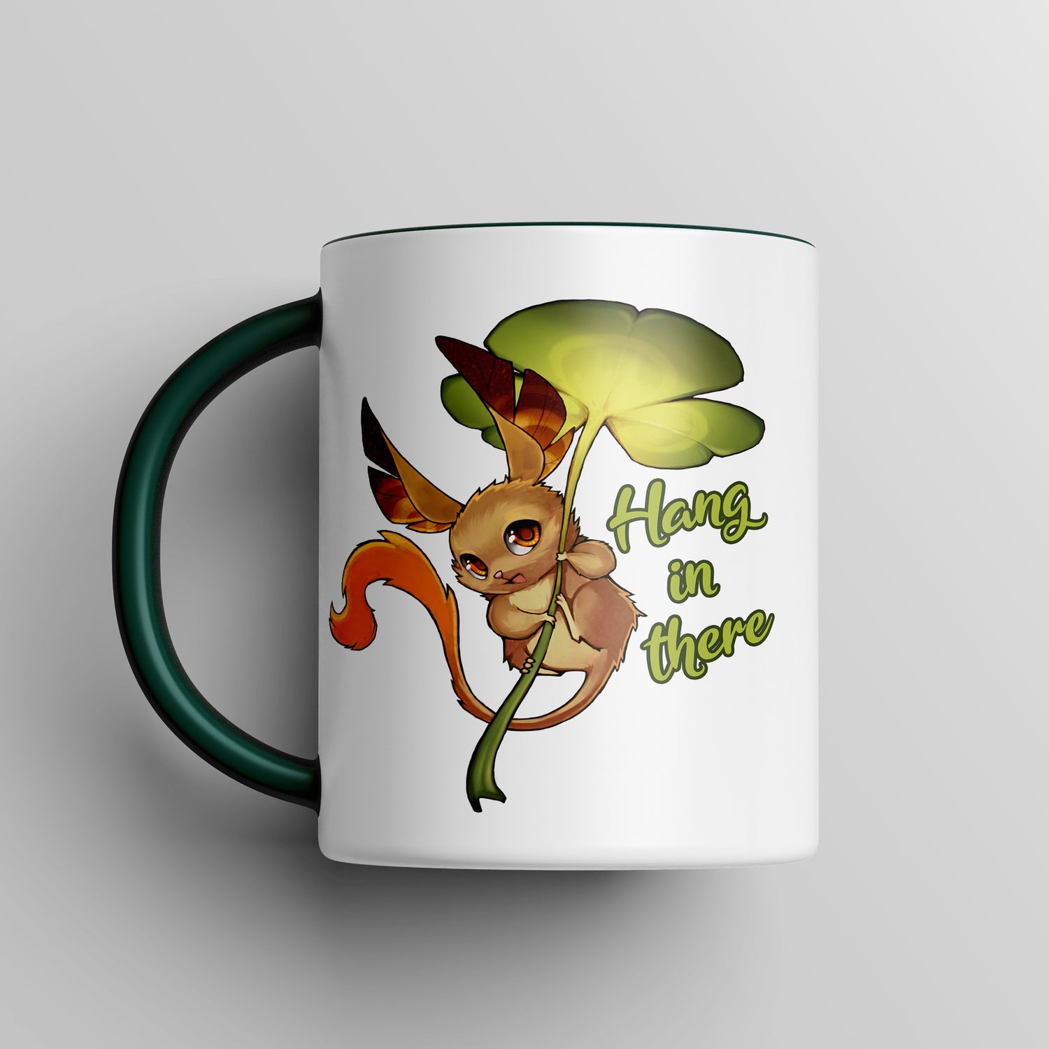 “Hang In There” Adorable Woodland Creature Green Accent Mug – Floofles by Brandon Ellis